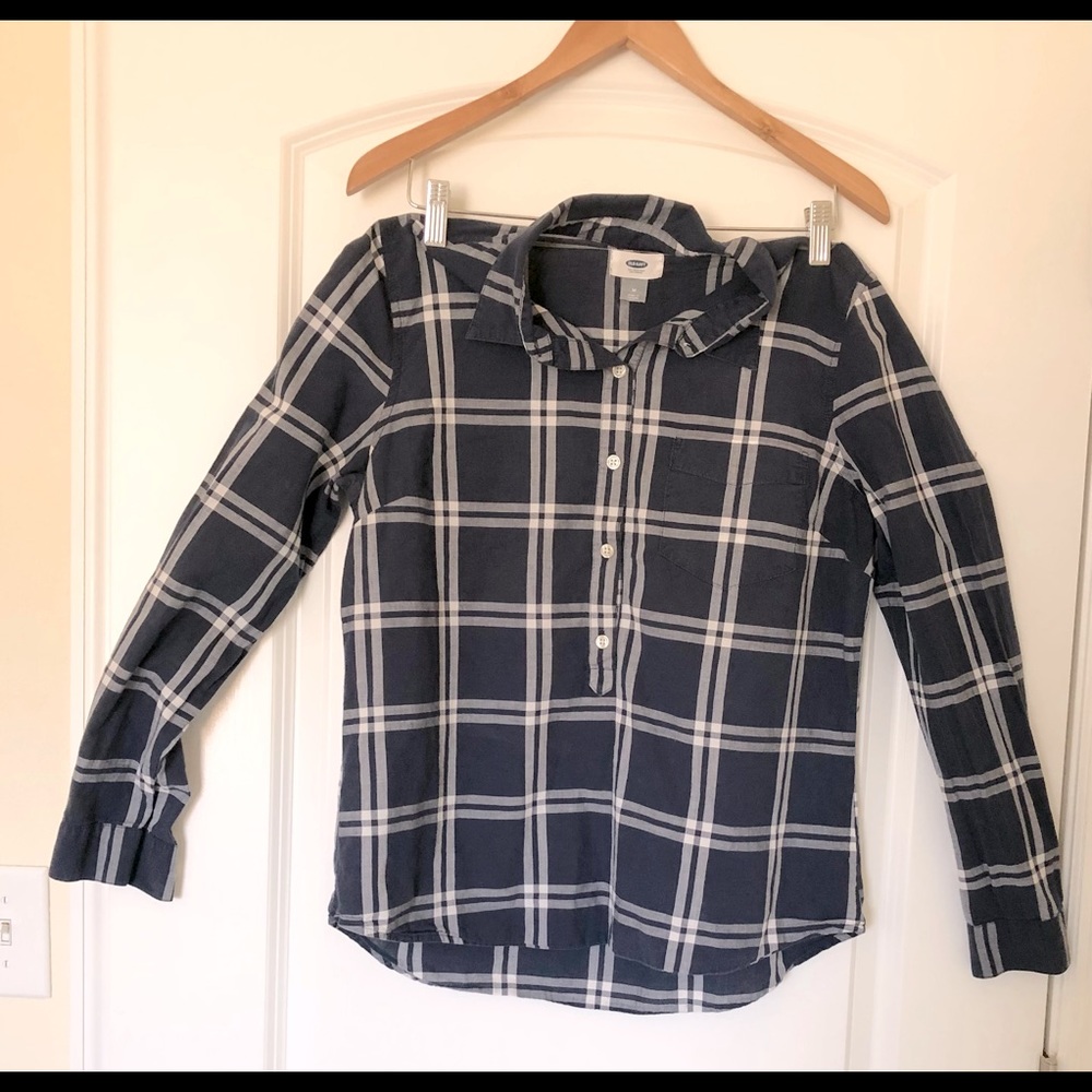 Blue and white plaid half button-up top